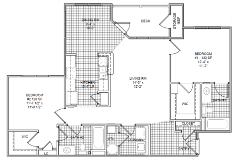 Floor plan for 2 beds, 2 baths, 1088 sqft